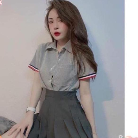 Set áo sơ mi phối chân váy tennis xám xinh (có tách lẻ) Nữ Women Top Cotton Voi set  botieuthu
