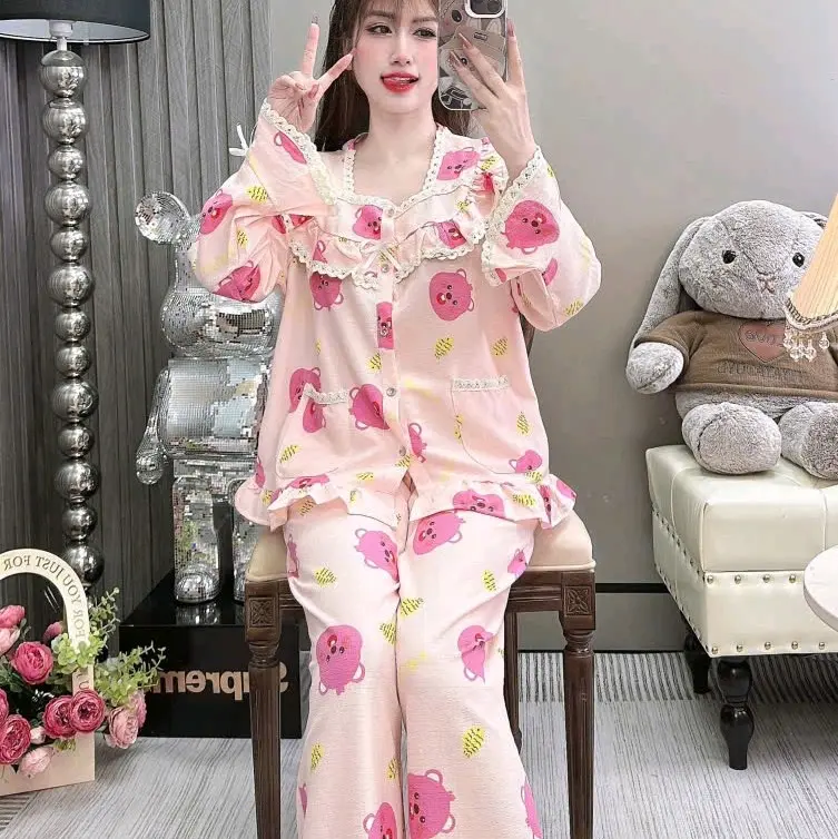 Bộ tiểu thư tay dài 40/60kg viền ren nhúng bèo chất đũi sốp .đồ mặc nhà thoáng mát Nhung Tim 7