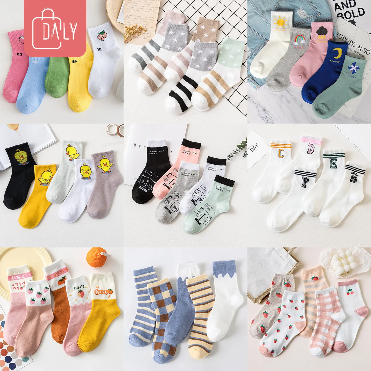 5 Pairs Cute Design Fruits Alphabet Strawberry Summer Hipster Fashion Socks Quarter / Reka Comel Stoking Panjang