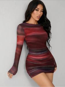 Vestido mini de mujer con estampado de teñido anudado y fruncido, ajustado, moda casual de verano, manga corta y cuello redondo, vestido de fiesta ajustado