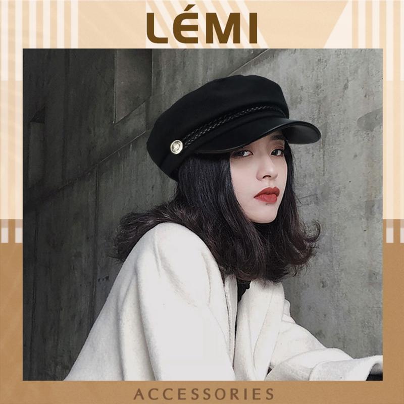 Mũ nồi nữ lưỡi trai phối chất liệu nỉ da PU Mũ nồi beret hoạ tiết đồng xu tết đai da phong cách Retro Lémi Hoa Hat Cap Ca Women