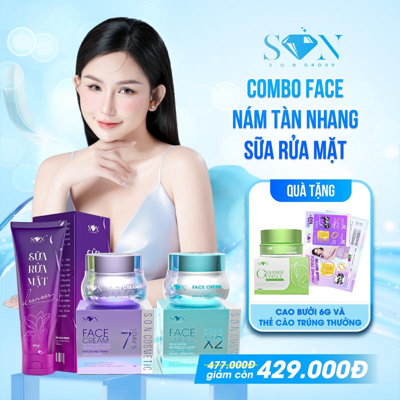 CÓ PHIẾU S O N COSMETIC- PHIÊN BẢN MỚI NÂNG CẤP COMBO KEM DƯỠNG DA MẶT 3 SẢN PHẨM - KEM FACE DƯỠNG TRẮNG + KEM FACE FACE HỖ TRỢ NÁM - SỮA RỮA RỬA MẶT