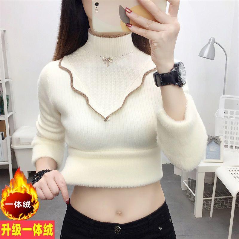 Áo Len Nhung, Dày Và Tích Hợp, Dành Cho Nữ, Hàng Mới Về Mùa Thu Và Mùa Đông, Áo Lớp Nền Có Đệm Nhung, Phong Cách Phương Tây, Có Thể Mặc Bên Trong, Cao Cao Cổ, Áo Len Ấm 8