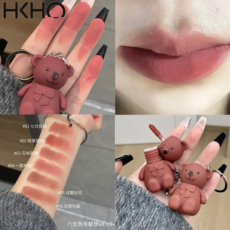 Son Môi Lì Chất Bùn Môi, Lâu Trôi, Không Thấm Nước, Móc Khóa Gấu Đáng Yêu, 6 Màu, Son Môi Nữ Women Trang Điểm Mỹ Phẩm Cosmetic