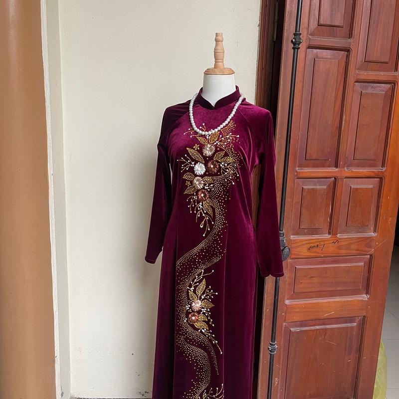  Áo dài tặng mẹ màu đỏ đô đậm chất liệu nhung hoa kim tuyến phù hợp mọi dáng người Women Nữ Dress Đỏ Sen Voi 