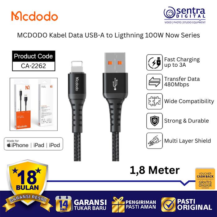 Gambar MCDODO USB-A to Lightning Cable CA-2262 Now Series 100W High Speed Data Transfer iPhone Charger Cord dari Sentra Digital Kota Surabaya Tokopedia