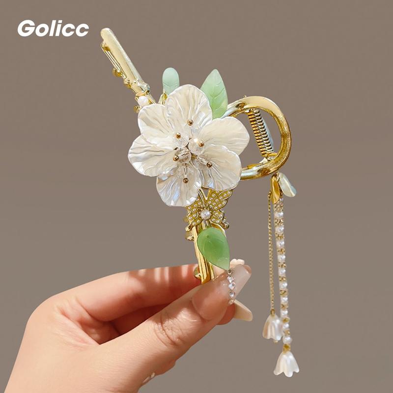 Kẹp tóc hoa mai trắng to lá xanh ngọc tua rua hoa nhỏ xinh xắn thanh lịch cho phái nữ, phụ kiện cô dâu, áo dài phong cách trẻ trung hiện đại - Kẹp càng cua, Women