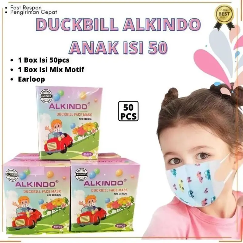 Masker duckbill Alkindo anak 4ply emboss 1 box isi 50 pcs motif karakter disposable tebal 0