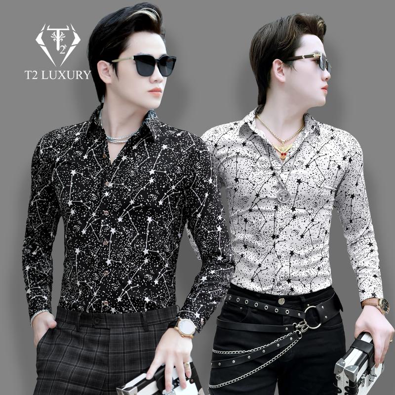 sơ mi lụa bầu trời sao lấp lánh phom ôm body siêu đẹp co giãn 4 chiều 2 màu đen trắng Sang Trọng Menswear Áo Nam Kem Shirt 