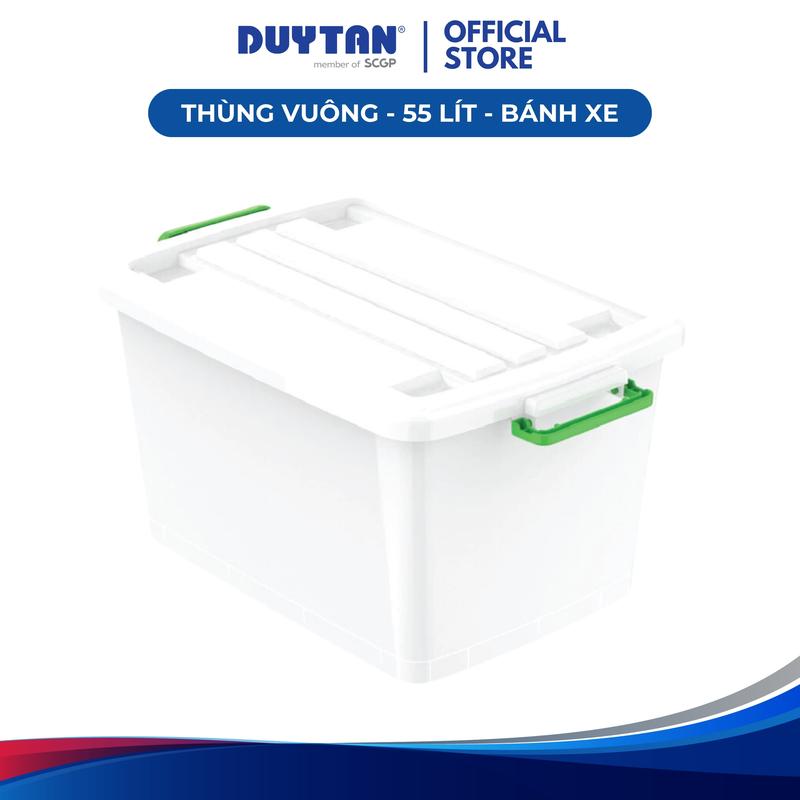 Thùng vuông 55-bánh xe DUY TÂN nhựa PP, thùng nhựa lưu trữ đa năng có bánh xe, quai xách 2 bên túi đựng sách hộp & thùng