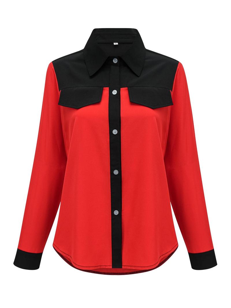 Product Introduction of 【Plus Size】 Women's Colorblock Patchwork Button Front Fake Pocket Design Blouse, Casual Long Sleeve Collared Top for Spring & Fall, Women's Clothes for Daily Wear 7