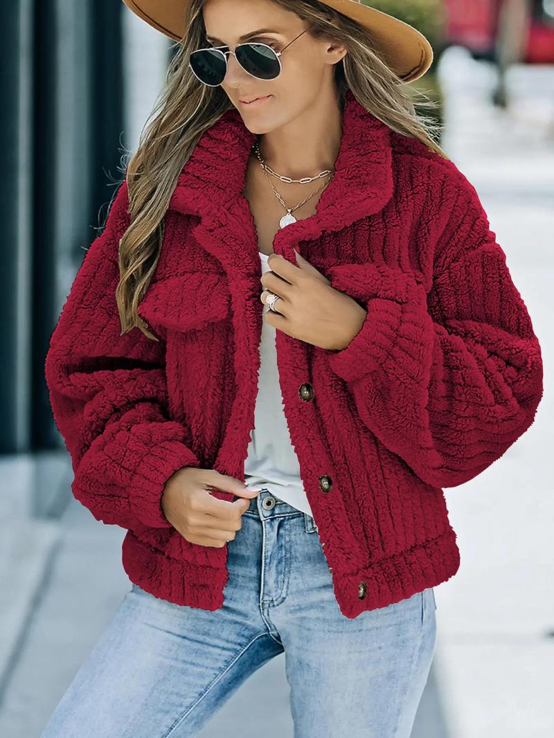 Product Introduction of Women's Plain Drop Shoulder Button Front Fuzzy Jacket, Casual Basic Minimalist Comfort Long Sleeve Pocket Collared Teddy Coat for Fall & Winter, Women's Lady Tops Clothing for Daily Wear, Womenswear, Modest Outfits, B Shaped Stomach Outfits 9