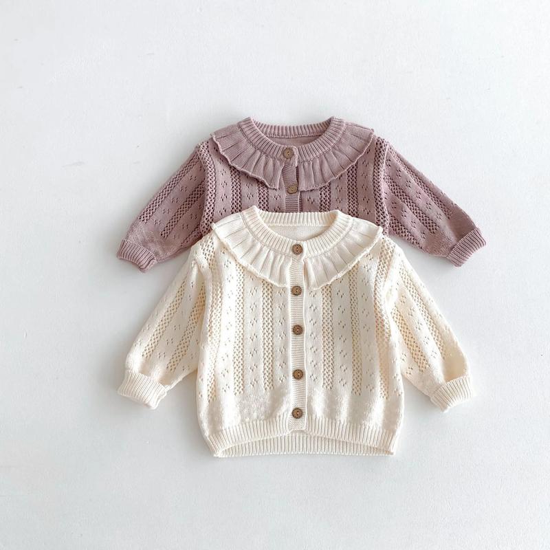 Product Introduction of Korean Baby Girl Autumn Hollow Out Sweater Cardigan Kids Fashion Cotton Ruffle Collar Knitted Jacket Spring Solid Outerwear Coat 14