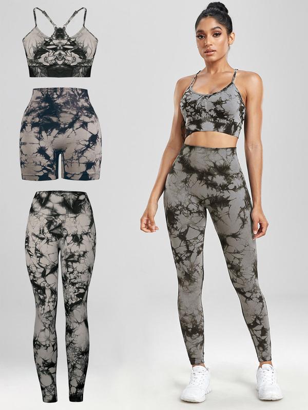 Three-piece Set Women's Tie Dye Print Tracksuit Set, Casual Sports Bra & High Waist Leggings & Biker Shorts, Ladies Sportswear for Yoga Gym Workout 1