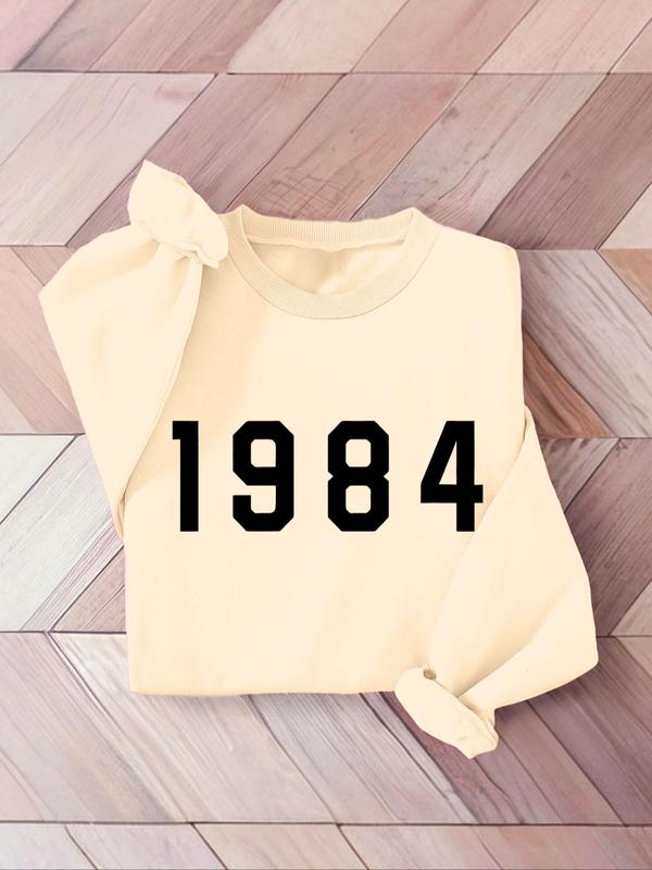 Sporty Women's "1984" Number Print Thermal Lined Sports Sweatshirt, Sports Long Sleeve Crew Neck Pullover for Yoga Gym Fitness Wear, Ladies Sportswear for All Seasons 0