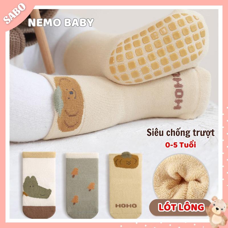 Set 3 Đôi Tất Len LÓT LÔNG Chính Hãng NEMO BABY Họa Tiết Xinh Xắn, Chống Trơn Trượt Cho Bé Trai Bé Gái 0-5 Tuổi TL02