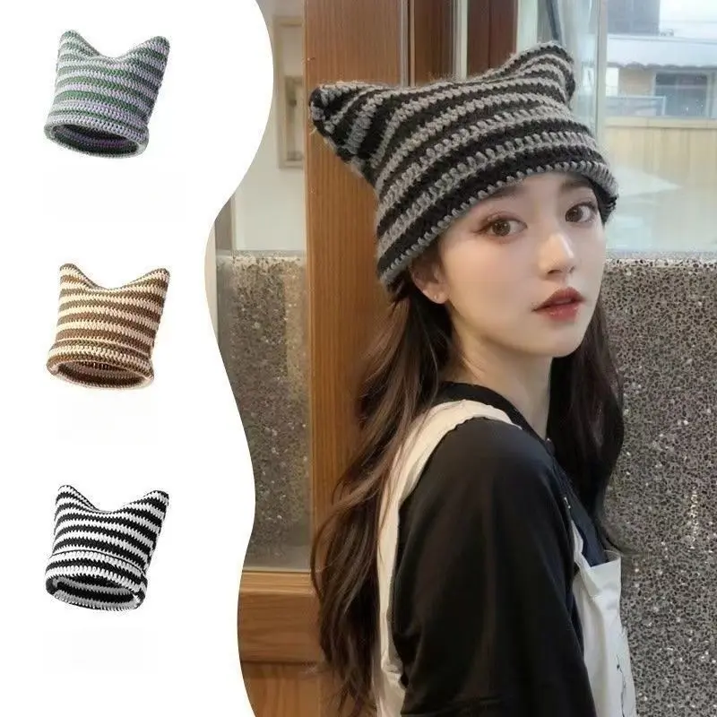 Mũ Len Dệt Kim, Mũ Tai Mèo Hấp, Phong Cách Nhật Bản, Thiết Kế Quỷ Nhỏ, Thích Hợp Cho Trẻ Em, Mũ Dệt Kim Áo Chui Đầu Dễ Thương mũ  len