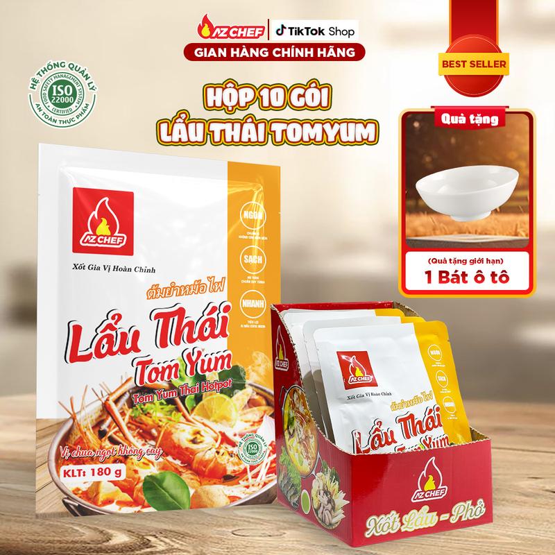 [TẶNG 1 BÁT Ô TÔ] Hộp 10 Gói xốt Lẩu Thái TomYum ( 4 - 6 người ăn ) - Gia vị hoàn chỉnh AZ CHEF - Chuẩn vị không vị 0