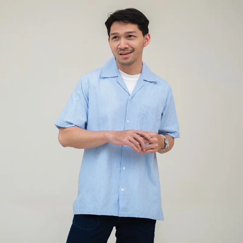 Kemeja Garis Pria WOODCUTTER Open Collar Ratcher Stripes - Blue Pendek 0