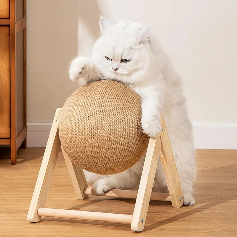 Cat Scratcher Toy, Natural Sisal Rope Cat Scratching Ball, Spinning Scratcher Toy for Cat & Rabbit, Indoor Interactive Wood Pet Toy 0