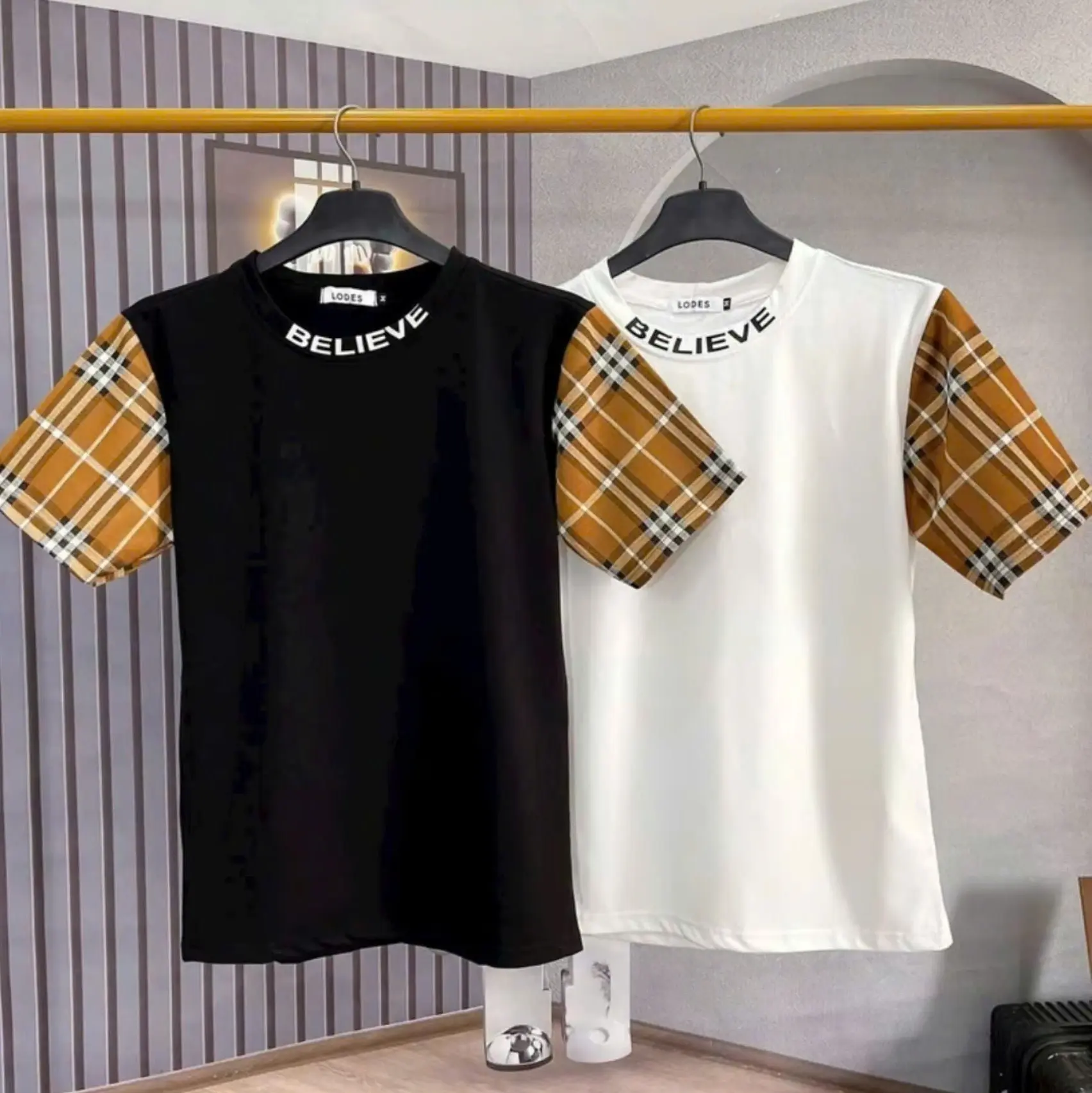 Áo thun BELIEVE unisex cổ tròn tay phối kiểu BÊ BR vải cotton dày dặn thoáng mát mẫu mới cao cấp