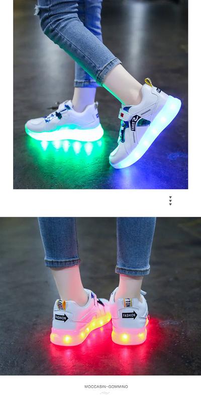 Product Introduction of Kasut sukan kanak-kanak, kasut ibu bapa-anak baru, kasut berkilau boleh dicas semula berwarna-warni, kanak-kanak lelaki dan perempuan, kanak-kanak berjalan dengan lampu 13