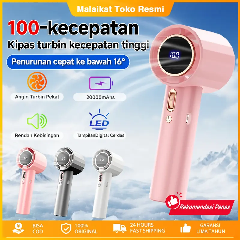 【Garansi 10 tahun】Barang spot Kipas Angin Portable Turbo 20000mAh Strong Wind 100 Gear - Portable USB, Tampilan LED, Bonus Tali Leher & Kabel, Tahan 15 Jam untuk Camping/Travel