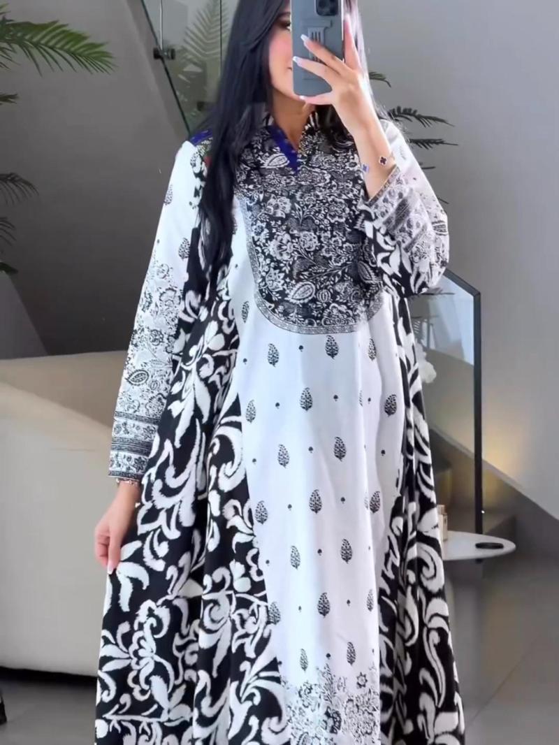 Product Introduction of Women's Ethnic Pattern Notched Neck Kaftan Dress, Boho Long Sleeve Maxi Dress for Beach Holiday Vacation, Ladies Clothes for All Seasons 1