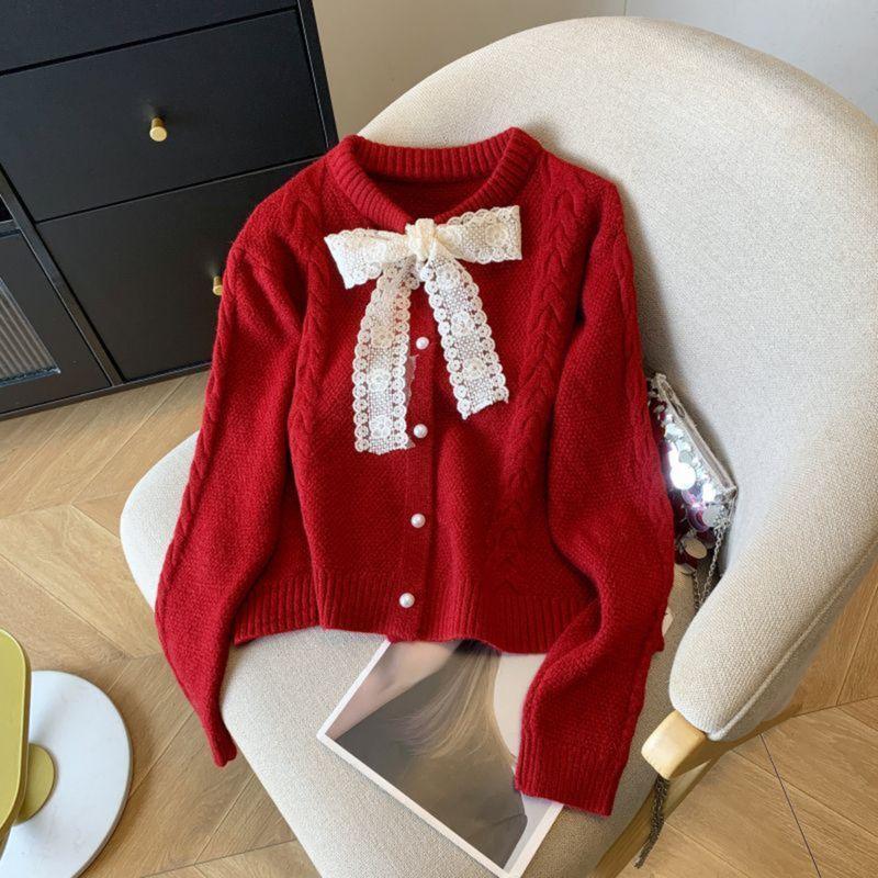  Áo len dệt kim của phụ nữ Phong cách Pháp Thiết kế thơm nhỏ Dày cho mùa xuân và mùa thu Áo khoác mới với dải ren Áo len ngắn 