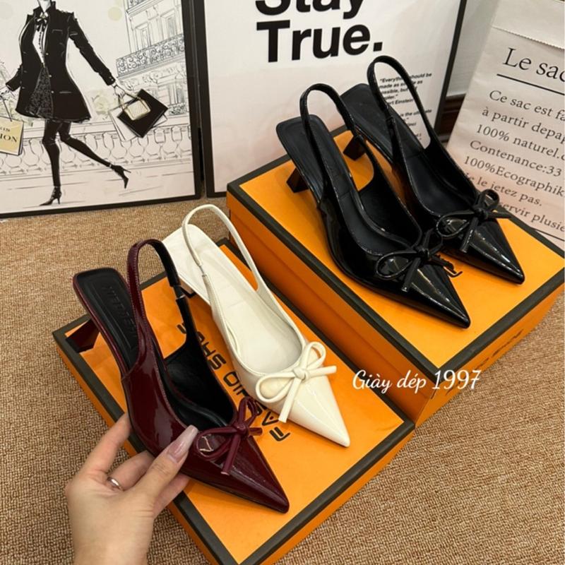 Giày cao gót mũi nhọn phối nơ da bóng mềm 5p hàng cao cấp full hộp ( TT15 ) Shoes Nữ