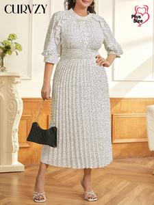 【Plus Size】CURVZY All Over Polka Dot Print Ruffle Trim Dress, Elegant Fashion Casual Dress for Daily Outdoor Wear, Women Plus Clothing for Spring Fall