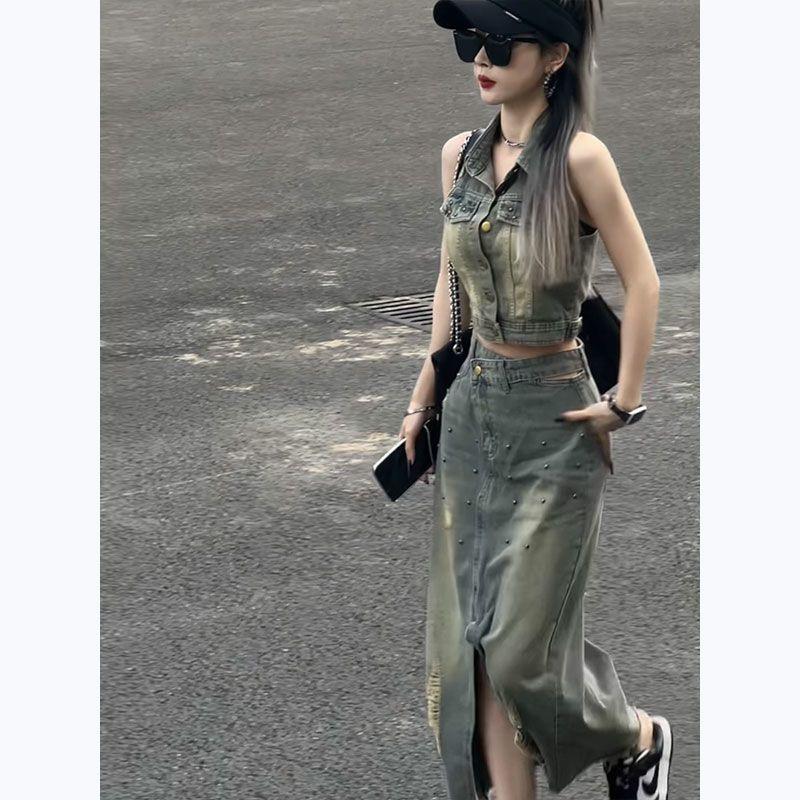 Product Introduction of Áo Khoác Vest Denim, Phong Cách Cổ Điển Dành Cho Nữ, Cạp Cao, Váy Dài Xẻ Tà, Xu Hướng Thời Trang Mùa Hè, Bộ Đồ Tuyệt Vời, Cho Nữ 8