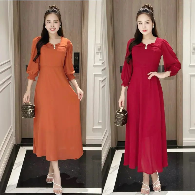 Đầm maxi form dài đính nút ngực, tay lỡ bo thun - GR0298 (Hình thật shop chụp) Nữ Dress 0