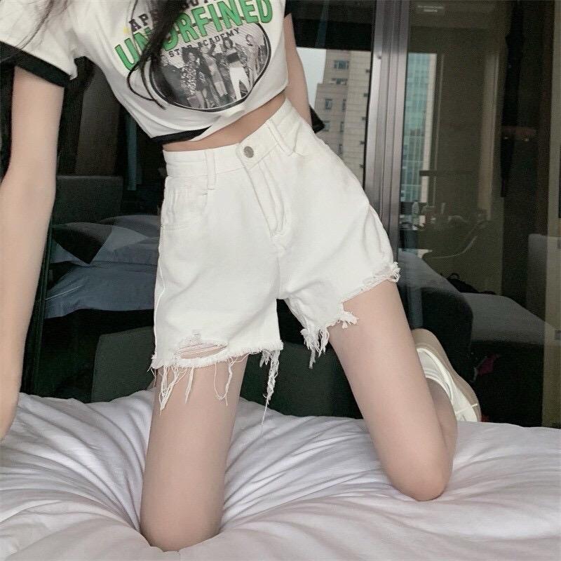 (Q003) Quần short kaki jean tua rua phối rách, quần short đùi nữ lưng cao ống rộng trắng đen thời trang hot teen Women