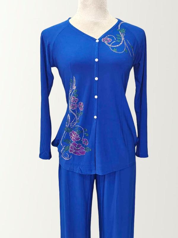 BỘ BÀ BA MÀU ĐÍNH ĐÁ, TAY DÀI - QUẦN ỐNG RỘNG 28cm, ( 5 SIZE  : TỪ 48KG ĐẾN 65KG ) Nữ Ong Áo Women Voi Top Thun Nhung 8