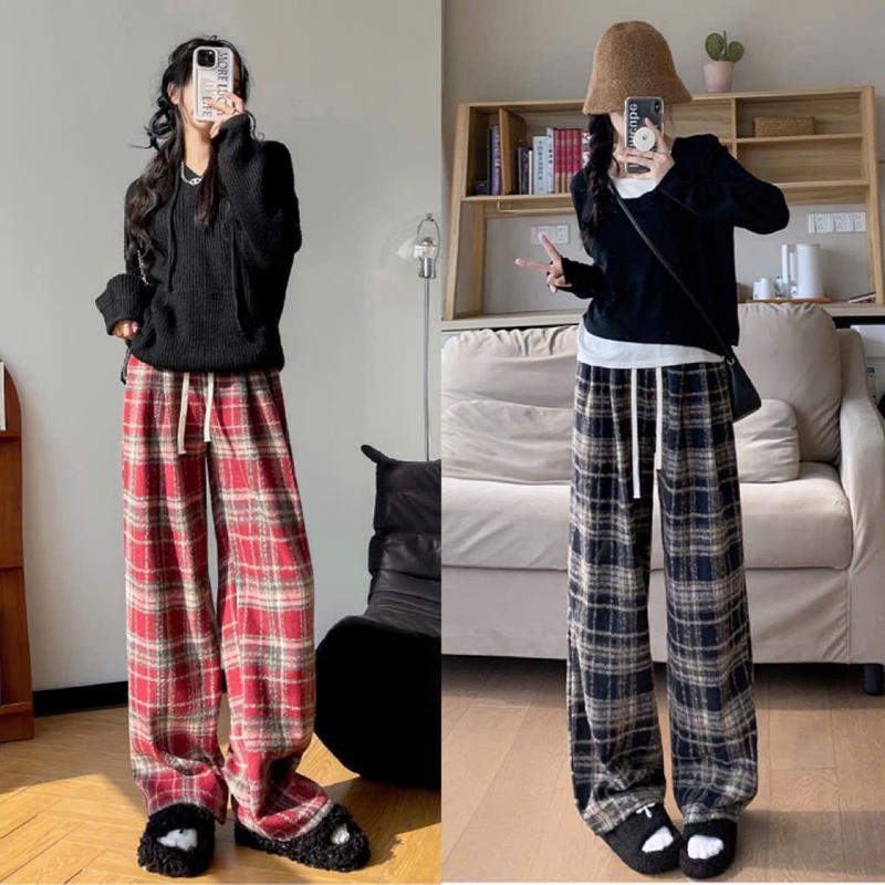 Quần dài Caro ống rộng lưng thun vải dạ STRIPES PANTS form suông nam nữ fafic studio