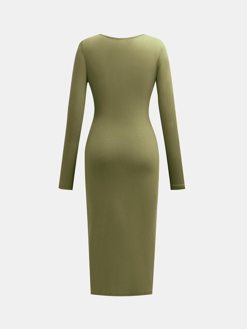 Product Introduction of YOZY Women's Plain Knot Front Wrap Ribbed Midi Dress, Casual Long Sleeve V Neck Dress for Daily Wear, Ladies Clothes for All Seasons 19