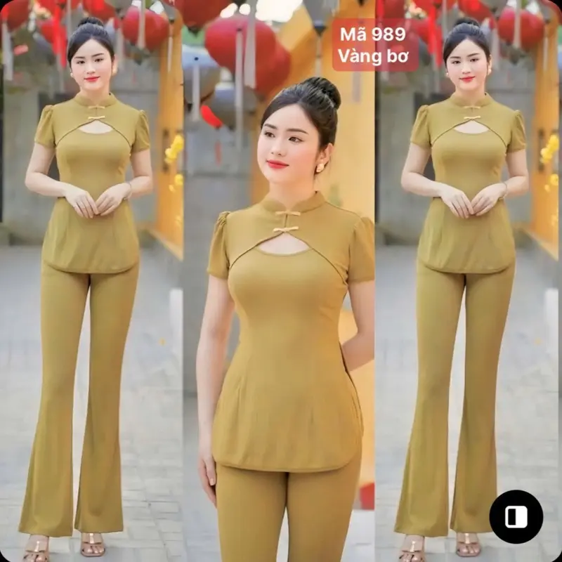 Sét bộ cổ xẩm Quần Dài ống loe vải thun gấm hàn loại 1, thun co giãn 4 chiều , tôn dáng. Mẫu về 3 size từ 40 đến 70kg ( Size M XL XXl ). 0