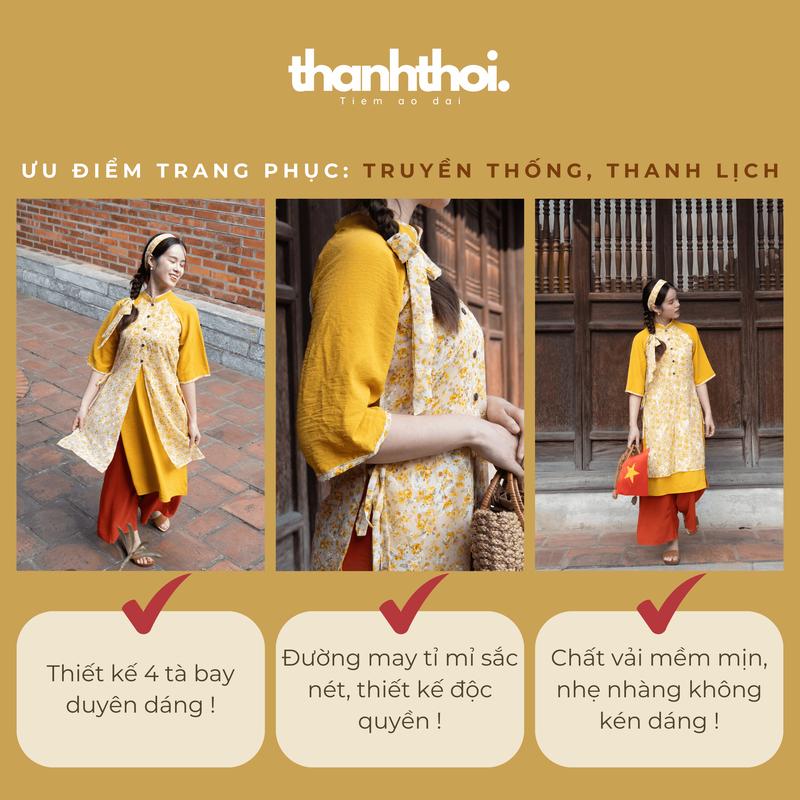Set Áo dài cách tân nữ hoa nhí thiết kế 4 tà Nhật Quang,hoạ tiết hoa nhí dáng suông, áo dài vintage màu đỏ,vàng,xanh Women Dress 8
