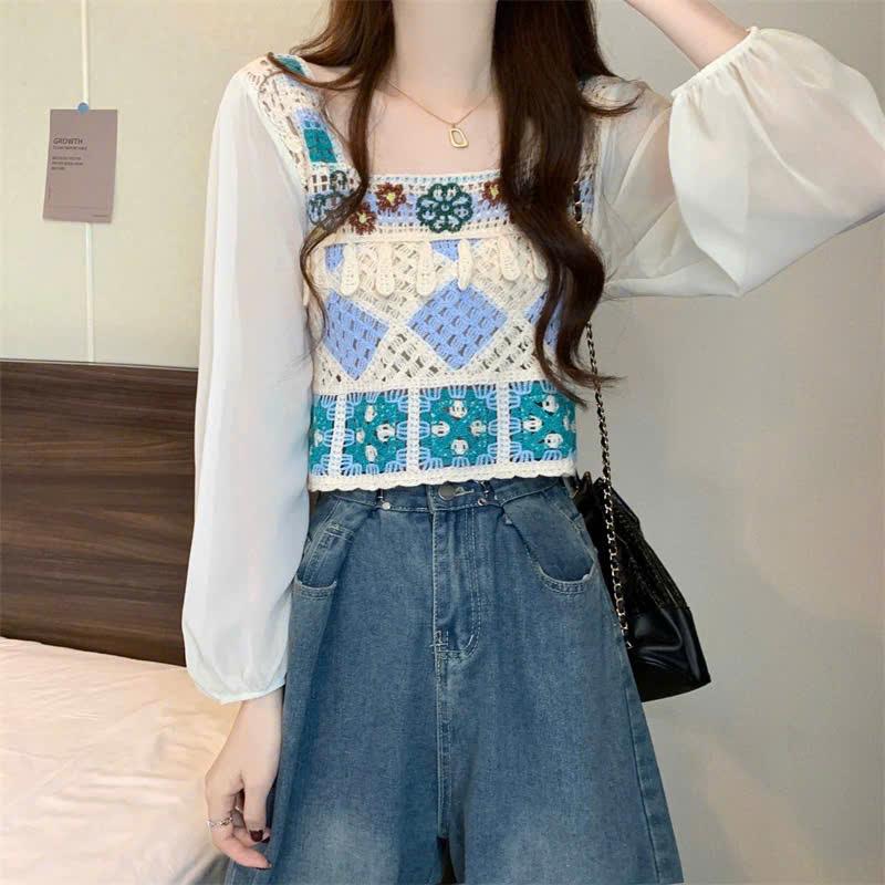 Áo len kiểu nữ Kozoda AL642 - Chất dệt kim mix tay voan họa tiết thổ cẩm, form vừa dài tay, 3 màu pastel Hàn Quốc