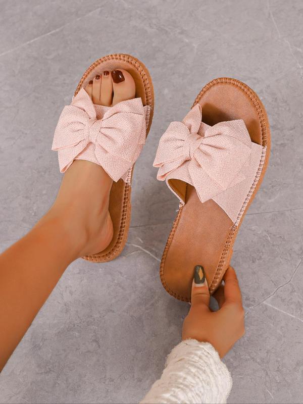 Women's Cute Bowknot Design Slip-on Sandals, Flat Shoes Sandals, Leather Sandals, Soft Non-slip Brown Slide Sandals for Summer 2025, Fashion Round Toe Flat Sandals for Daily Wear, Comfort Shoe, Ladies Sandal 1