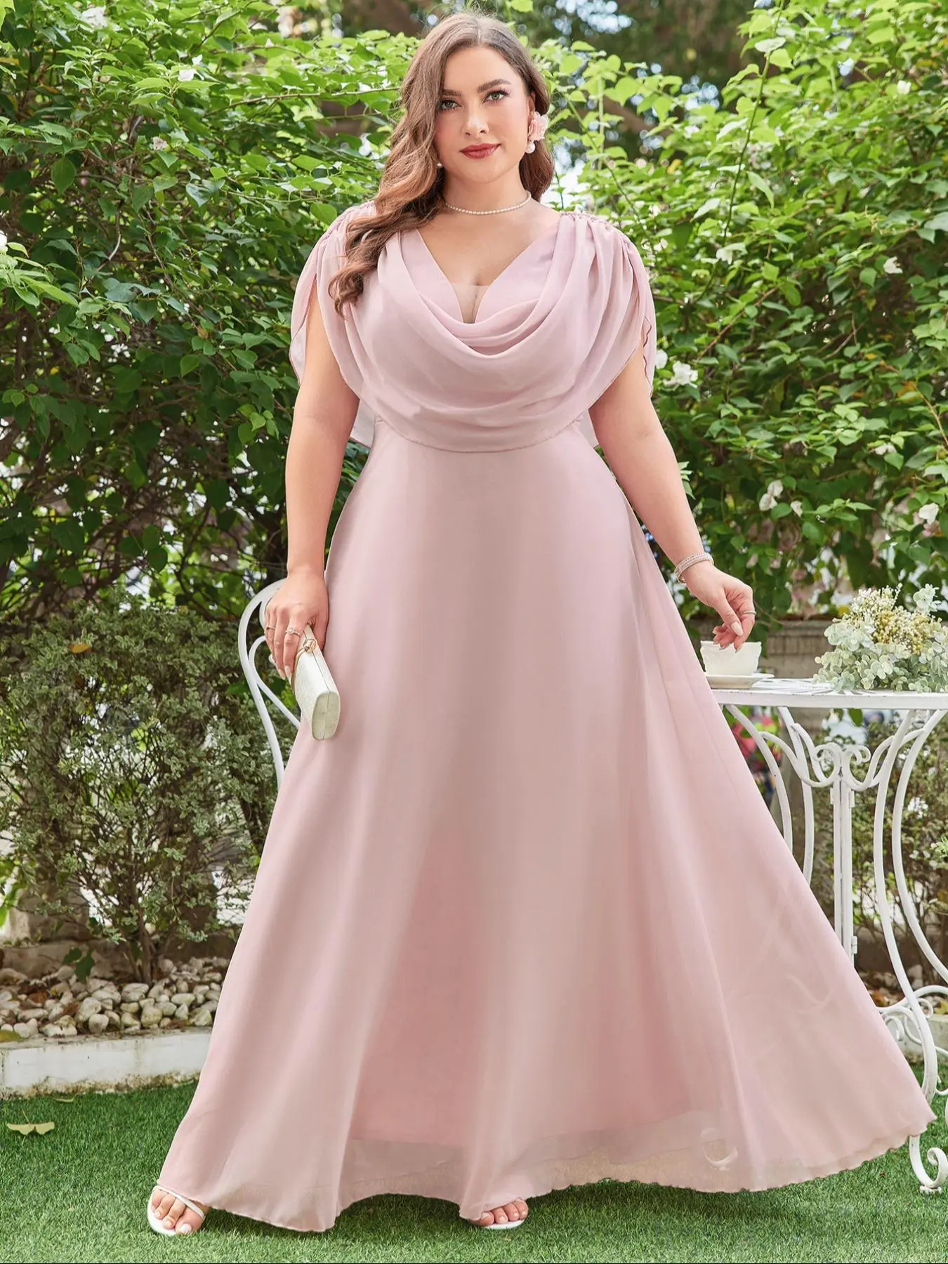 Women's Plus Size Solid Lettuce Trim Chiffon Evening Dress, Dresses Summer, Summer Clothes Women, Mean Girls Party, Elegant Maxi Dress, Chic Party Gown