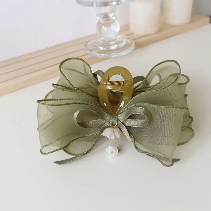 1pc Elegant Green Lily of the Valley Bow Hairpin with White Flowers & Ribbons - Sweet Fairy Style for Women and Girls, Perfect for Anniversaries, Hand Wash Only, Anniversary Gift | Fairy Style Accessory | Charming Ornament 1