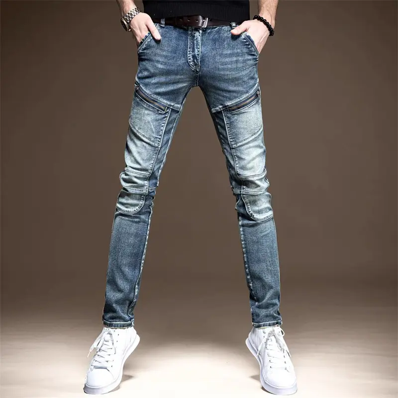 Men's Slim Fit Stretch Jeans |   Vintage Distressed Denim Pants with Zipper Detail |   Trendy Korean Style Skinny Jeans for Men