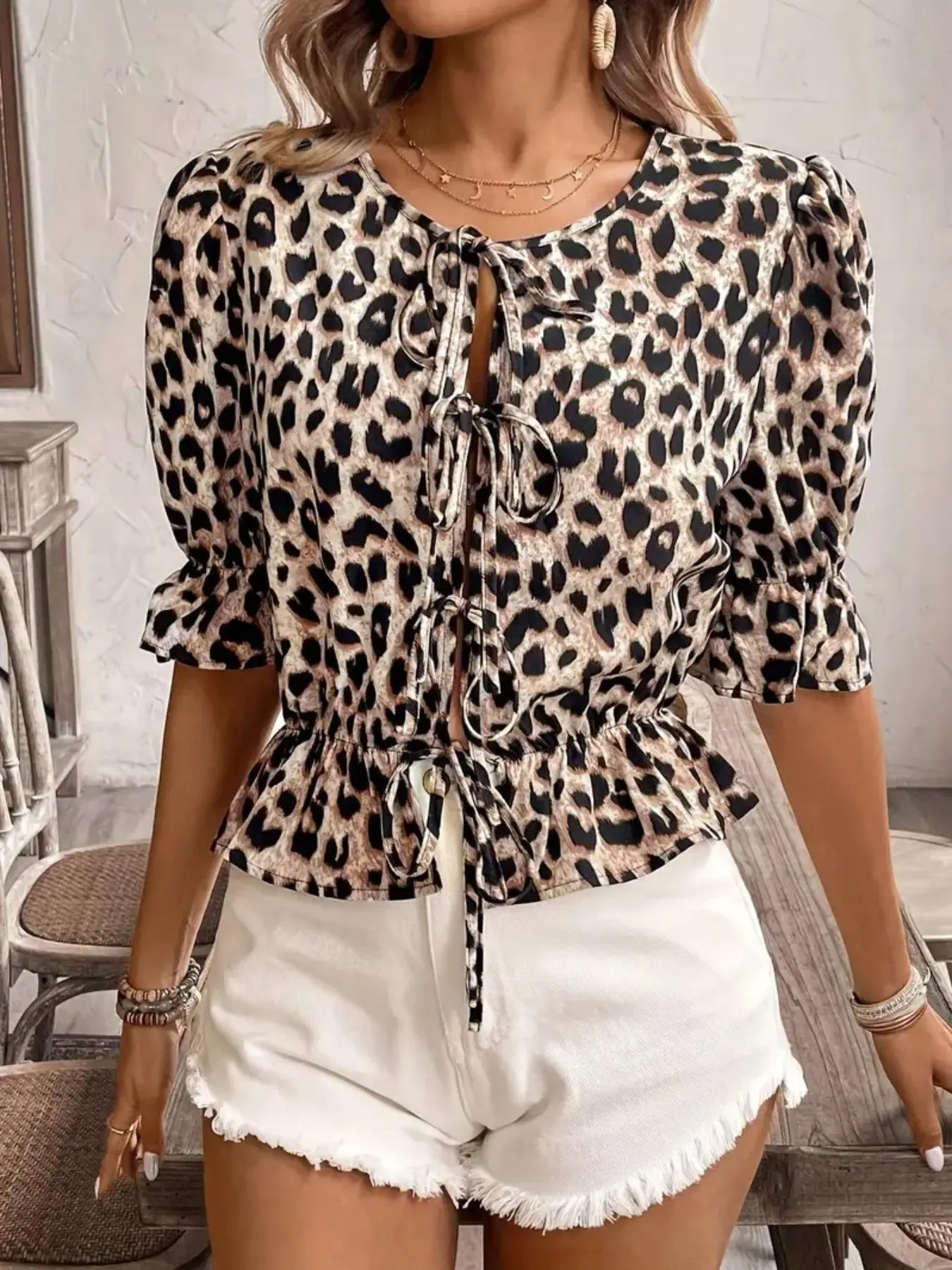 Women's Leopard Print Tie Front Flounce Sleeve Blouse, Elegant Half Sleeve Top for Summer, Ladies Clothes for Daily Wear
