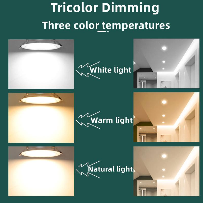 Product Introduction of LED Downlight Tricolor Dimming 5W/7W/9W/12W LED Lights Ceiling Light Downlight/Pin Light/ Recessed Light/ Panel Lights led 10