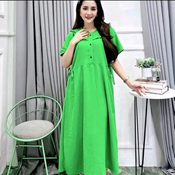 Daster Dress Wanita Dewasa  Busui  Kancing Ruffle Kekinian  Mewah  Kain Crinkle Airflow Premium Nyaman Tebal Remaja Samping Panjang Katun Cantik Midi Bumil 7