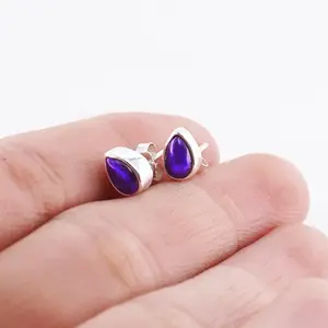 Anting Stud Perak Asli 925 Natural Amethyst Ametira