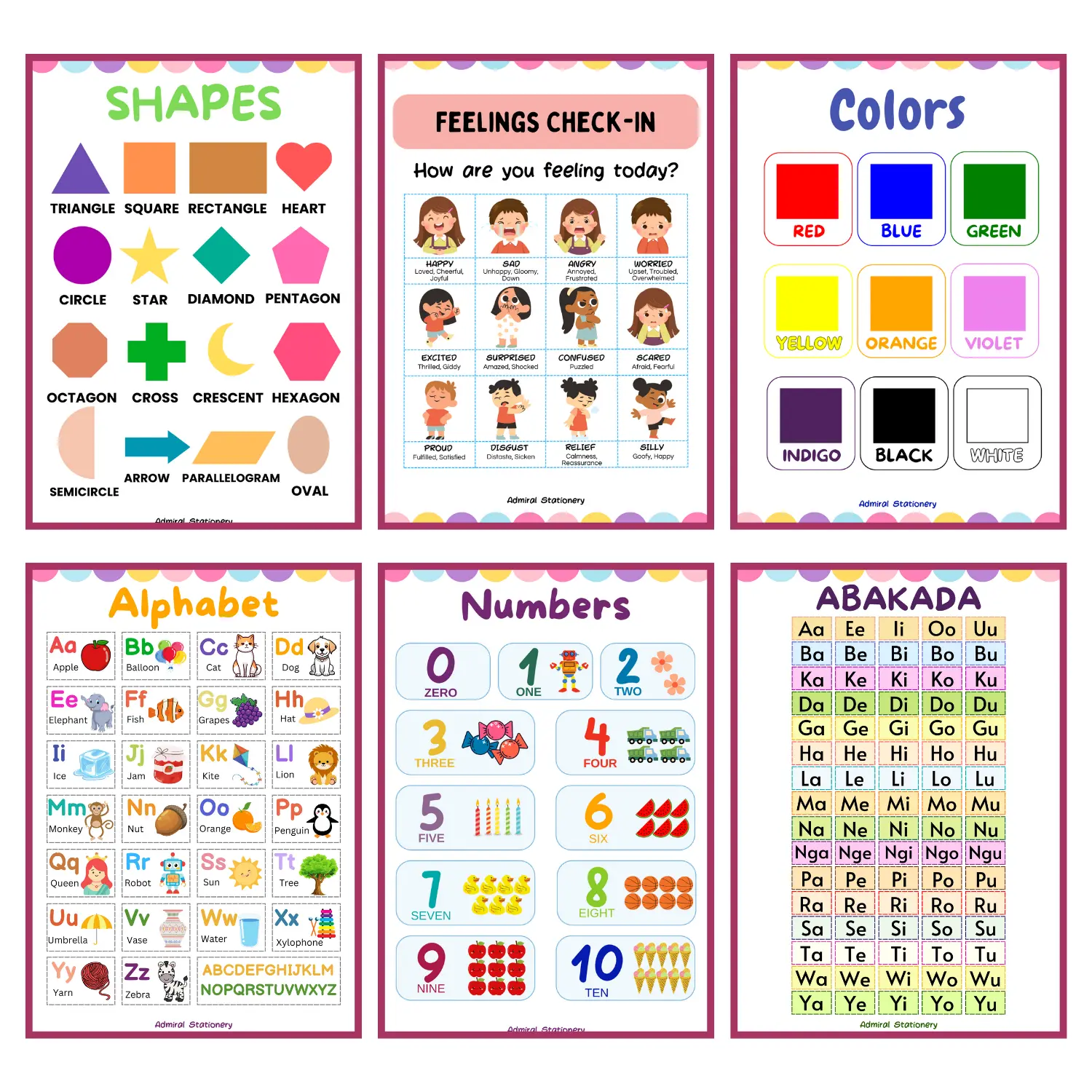 6-in-1 Kids Educational Laminated A4 Wall Chart Learning Materials