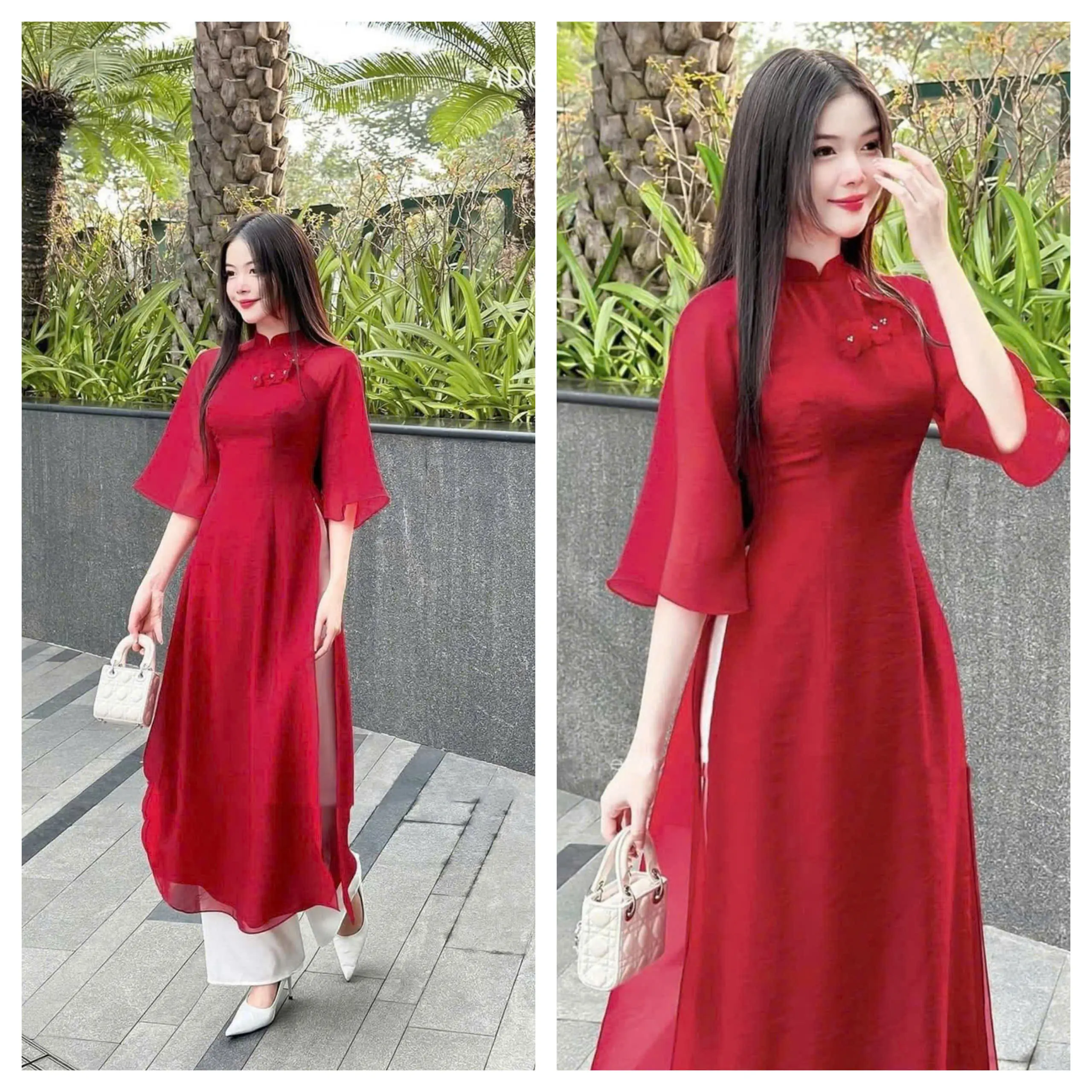 set áo dài tơ 2 lớp kèm quần lụa dể thương dành cho các nàng đi mặc tết, đi lễ chùa..vv,vv Women Nữ Kem